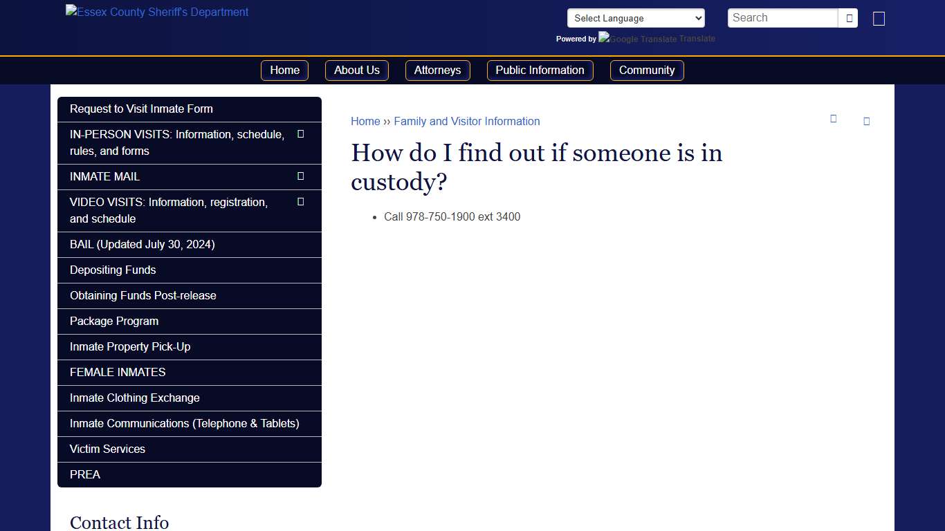 How do I find out if someone is in custody? | Essex County Sheriff's Department