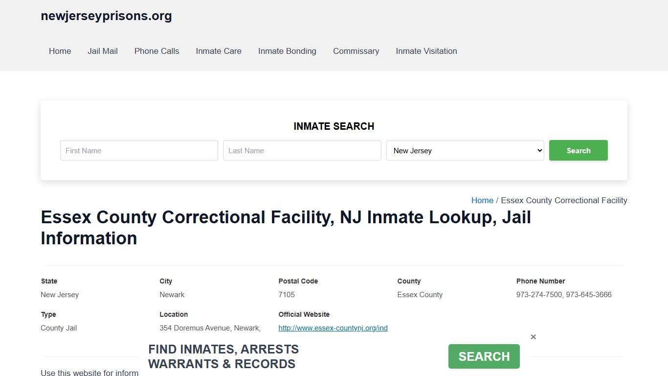 Essex County Correctional Facility, NJ - Offender Locator, Contacts, Inmate Info